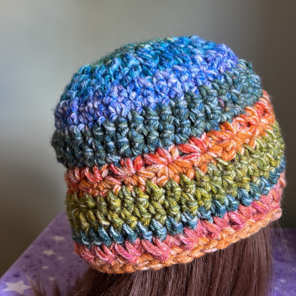 Crochet sunflower beanie soft double strings acrylic new comfortable medium - Picture 4 of 10